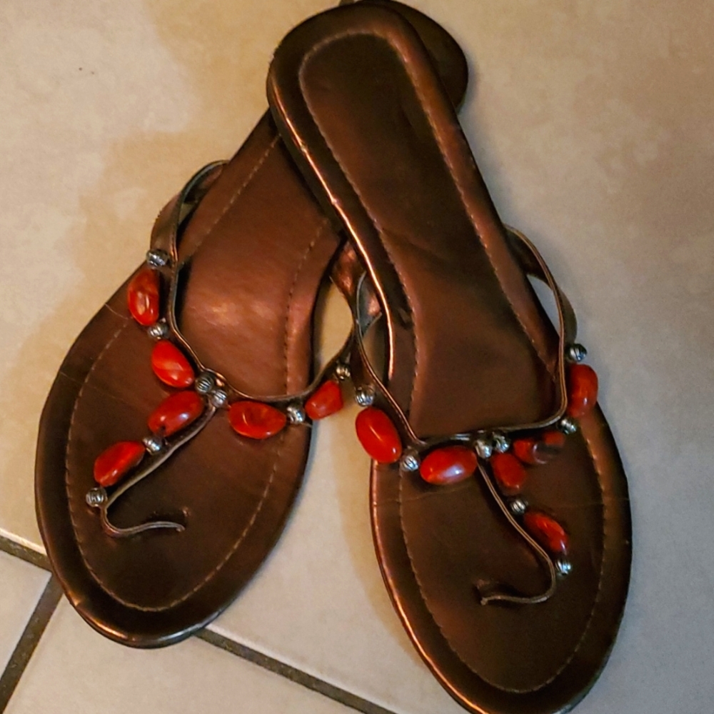 Red Bamboo Coral and Silver Beaded Flat Toe-thong Sandals